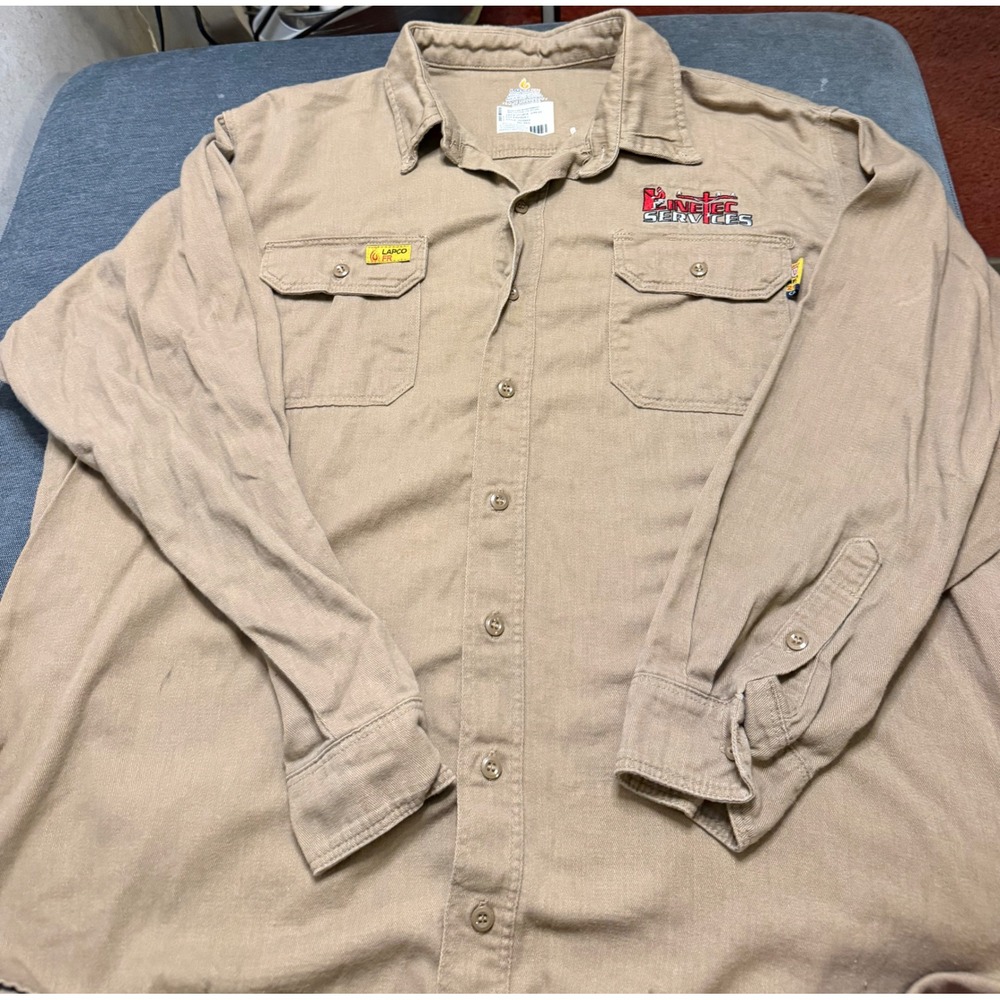 LAPCO FR Khaki Flame Resistant Work Shirt 2XL Linetec Services CAT 2 NFPA 2112‎